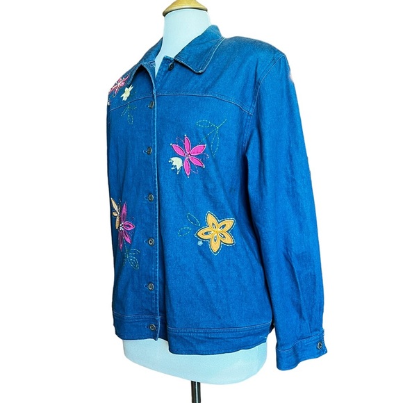 Alfred Dunner Women's 14 Denim Jean Shirt Jacket Shacket Embroidered Floral L - Picture 3 of 15